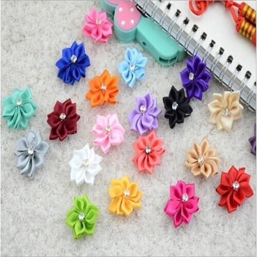Cheap 100Pcs/Lot Hand Made DIA 2.6Cm Ribbon Rose With Crystal Wedding Artificial Flower Decoration DIY Accessoires