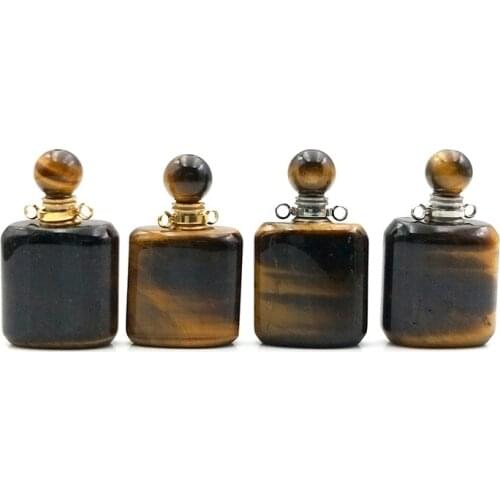 Natural Gems stone perfume Bottle Pendant square tiger eyes essential oils diffuser gold silver plated vial for Necklace Jewelry