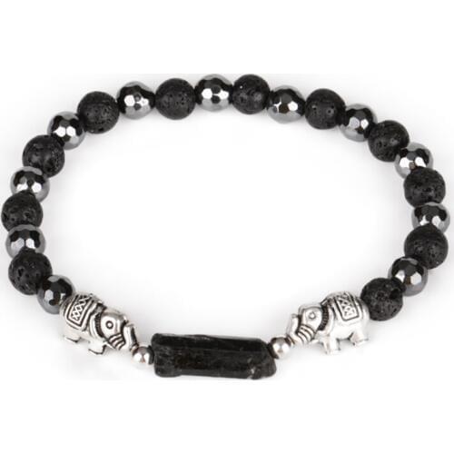Double Elephant Charm Natural Rough Black Tourmaline Healing Stone Bead Faceted Hematite Lava Bead Energy Bracelet For Man Women