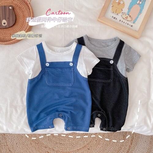 0-2years Baby Girls and Boys Denim Stitching Bodysuit