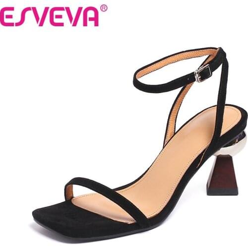 ESVEVA 2021 Fashion Elegant High Heel Sandals Genuine Leather Summer Women Shoes Ankle Strap Buckle Female Pumps Size 34-40