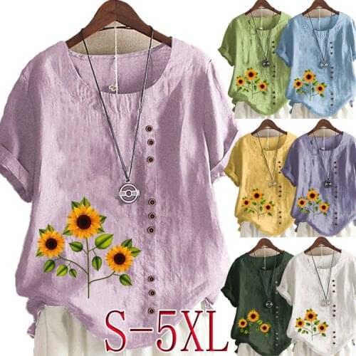 Womens Summer Casual Sunflower Print Loose T-shirt Retro Cotton Linen O-Neck Oversized Short Sleeve Top S-5XL