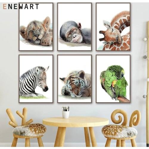 Nursery Watercolor Animal Canvas Painting Elephant Giraffe Lion Tiger Wall Art Print Nordic Poster Pictures Baby Kids Room Decor