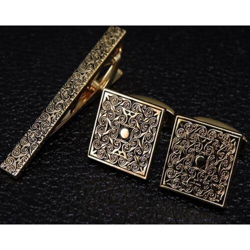 Brand necktie tie clips & cufflinks set Men Wedding Tie Bar Tie Collar Pin Golden engraving Business Suit accessories gift