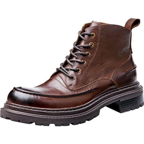 Cowboy Boots Mens Zipper All-match Cowhide Handmade Fashion Men Boots Genuine Leather British Retro Combat Boots Autumn Winter