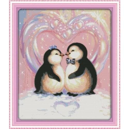 The love of penguins cross stitch kit 14ct 11ct pre stamped canvas cross stitching animal embroidery DIY handmade needlework