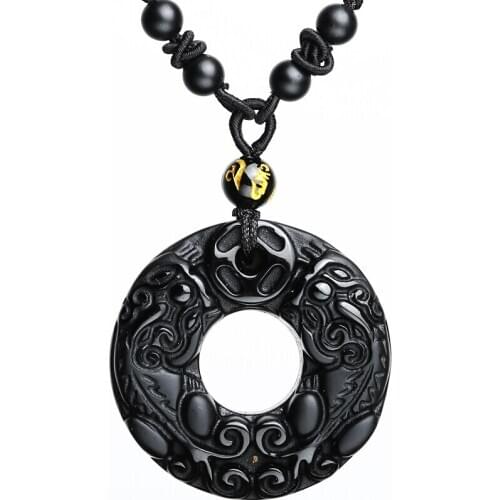 Natural Black Obsidian Beads Necklace Hand-Carved Chinese Tiger Jade Pendant Fashion Charm Jewelry Auspicious Amulet Gifts