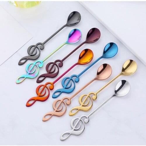 Coffee Stirring Spoon Musical Notes Shaped Long Handle Stainless Steel 7 Colors Dessert Ice Cream Mixing Scoops Drink Tableware