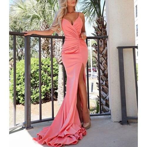 Sexy Watermemon V-Neck Long Mermaid Evening Dresses with Slit Pleat Sweep Train Criss Cross Back Formal Party Dresses for Women