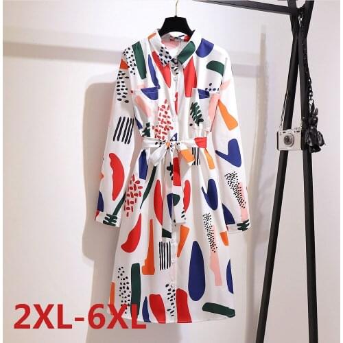 Spring Big size 6XL Long Sleeve Dress For Fat MM Woman Loose Print Belt With Pocket Plus Size Female Clothing Chiffon Dress