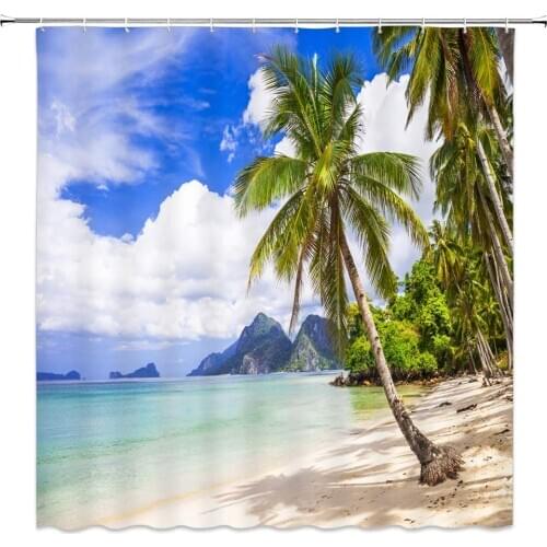 Beach Landscape Shower Curtains Coconut Tree Ocean Theme Bathroom Decor Home Supplies Curtains Sets Polyester Fabric Cheap