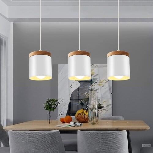 Modern LED pendent lamp Nordic hanging light Iron wooden bedroom bedside single head cylindrical living room decoration
