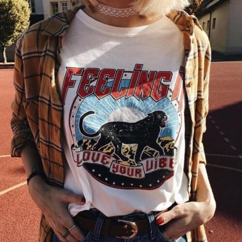 Sunfiz Feeling It Love Your Uibe Leopard Graphic Tee 80s 90s Vintage Casual Funny White Women T-Shirt Punk Style Harajuku Short