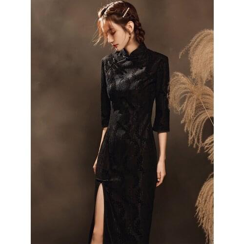 Oriental Dress Black Lace Cheongsams Plus Large Size Qipao Dresses Long Sleeve Modern Wind Long Cheongsam Dress Woman Costume
