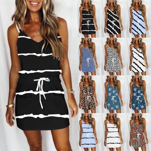 021 Woman Hot Sale Boho Beach short Skirt Summer Striped Sexy Sleeveless Halter Camisole mini Dress Womens With Loose Casual