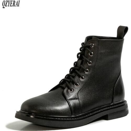 Women boots Genuine leather Female boots Motorcycle boots New autumn/winter 2020 lace-up Women shoes cowhide