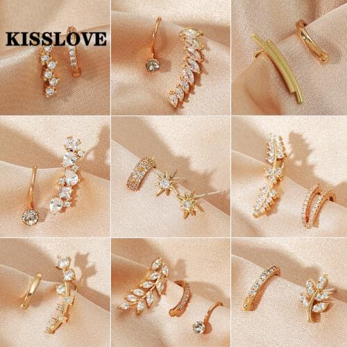 KISSLOVE Vintage Crystal Flower Geometry Ear Clip Star Cuff Earrings For Women Non Pierced Clip On Women Earrings Jewelry