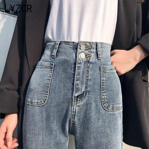 LYZCR Summer Mom Skinny Jeans Woman 2020 Slim High Waist Jeans For Women Vintage Black Jeans Women Button Pocket Jean Femme