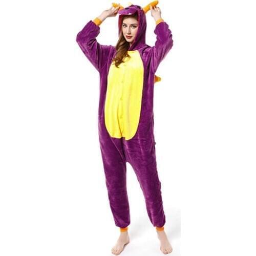 Winter Flannel Kigurumi Women Men Onesies Cute Cartoon Animal Purple Dinosaur Dragon Pajamas Set Unisex Pyjama Pijama Sleepwear