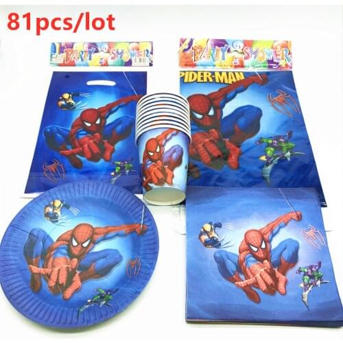 81Pcs Spiderman Theme Disposable Tableware Design Kids Boy Birthday Party Paper Plate+Cup+Napkin+Candy Gift Bags Party Supplies
