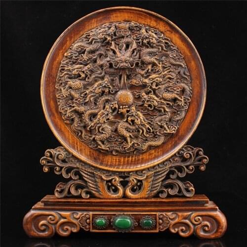 Wood art, old boxwood carving, Jiulong drama bead, screen decoration, inlaid with Jade Solid Wood living room collection