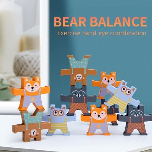 Children Montessori Wooden Animal Bear Balance Blocks Board Games Stacking High Building Block Wood Educational Boys Girls Toy