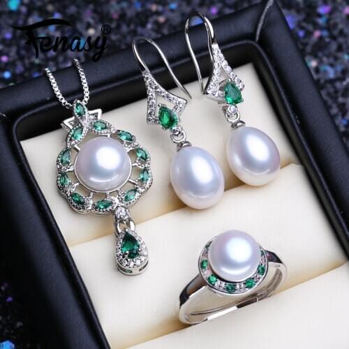 FENASY 925 Sterling Silver Emerald Jewelry Sets Natural Pearl Stud Earrings Luxury Big Pendant Necklace Women Green Stones Ring