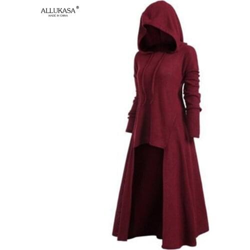 Allukasa2021 Spring Girl Halloween Theme Gothic Open Cape Wicka Robe Large Size Hooded Casual Loose Elastic Solid Color Dress