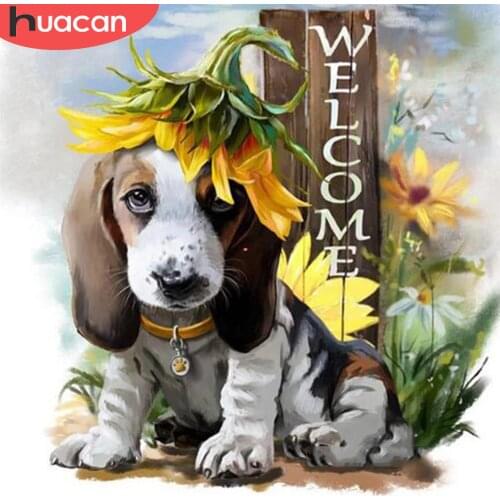 HUACAN DIY Diamond Painting Text Welcome Full Square Round Mosaic Rhinestone Sunflower Diamond Embroidery Animal Dog Decoration