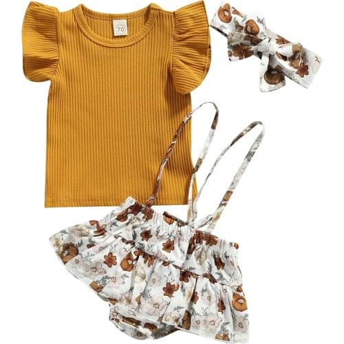 Baby Girls Three-piece Clothes Set Ginger Round Collar Tops, Suspender Trousers and Headdress Sunsuit