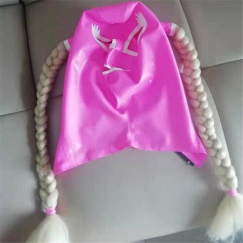 Latex Hood Mask with Ponytail and back zipper cosplay party mask pink