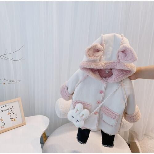 Cute Rabbit Winter Coat Girl Jacket Thick Warm Clothes for Kids Outerwear Girls 2-6T Fur Coat with bag Toddler Girl