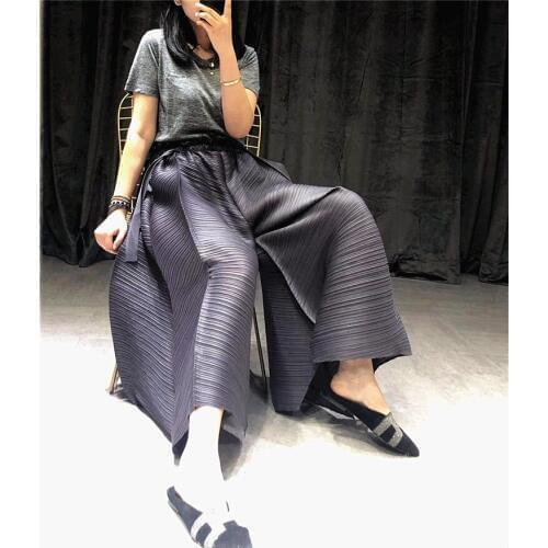 Miyake pleated straight pants plus size elastic waist straight pants was thin pleated wide leg pants free ship