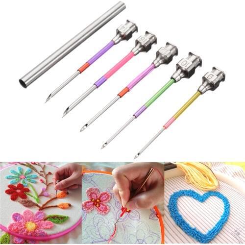 5pcs/set Metal Embroidery Stitching Punch Needle Handmade Needlepoint Kits Sewing Tool Set with Tube for DIY