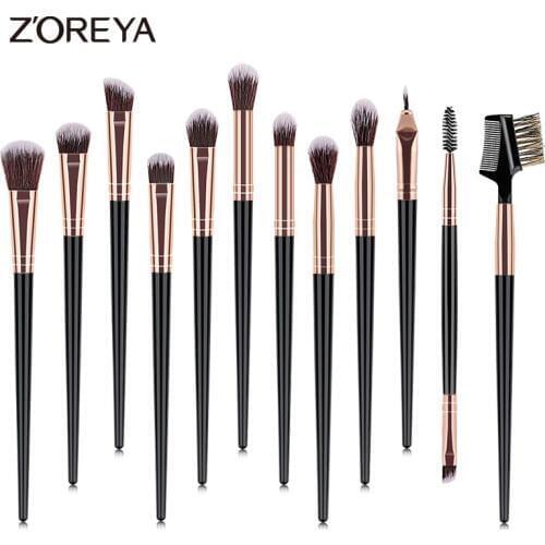 Zoreya 12pcs Eyeshadow Makeup Brush Set Eyeliner Foundation Brushes Crease Blending Concealer Make Up Blush Fan Cosmetic Tools