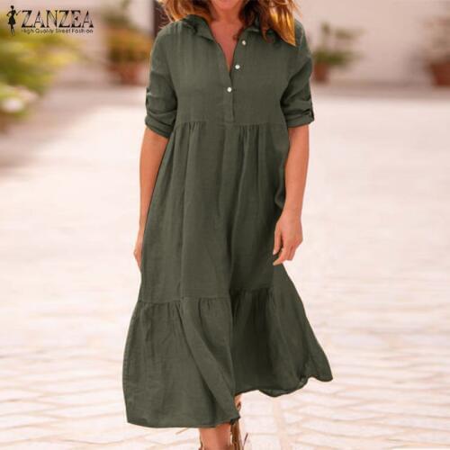 ZANZEA 2021 Women Lapel Cotton Linen Dress Autumn Long Sleeve Shirt Vestido Ladies Long Maxi Dress Work OL Robe Femme Sundress