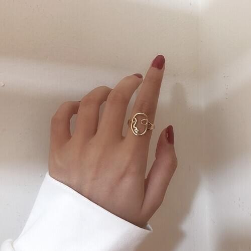 Simple Cool Gold Color Abstract art Hollow Men Face Adjustable Finger Rings For Women Men