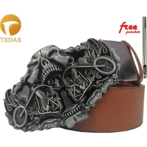 Skull Belt Buckle with Metal Silver Finish Punk Rock Style Mens Belt Buckle with Leather Belt As Halloween Gifts