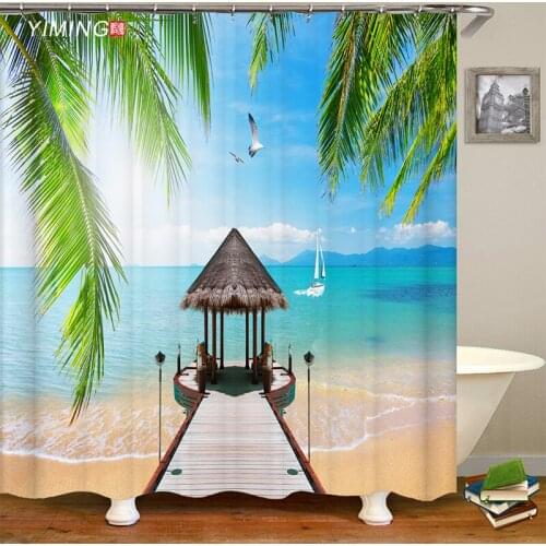 Variety of bathroom shower curtains, beach scenery, beach printing, polyester waterproof curtains, home decoration