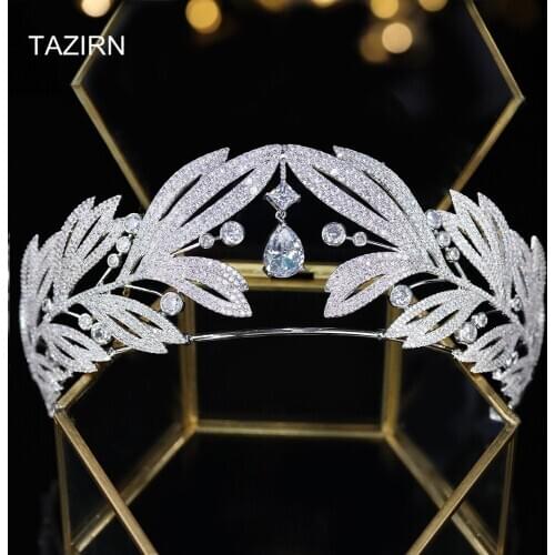Luxury Cubic Zirconia Royal Princess Laurels Leaves Wedding Bridal Tiaras and Crowns CZ Pageant Headpieces Zircon Hair Jewelry