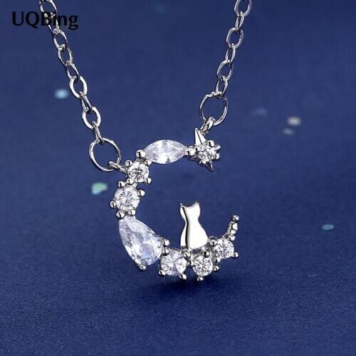 S925 Silver CZ Zircon Cat In The Moon Necklaces & Pendants Fine Jewelry Gifts
