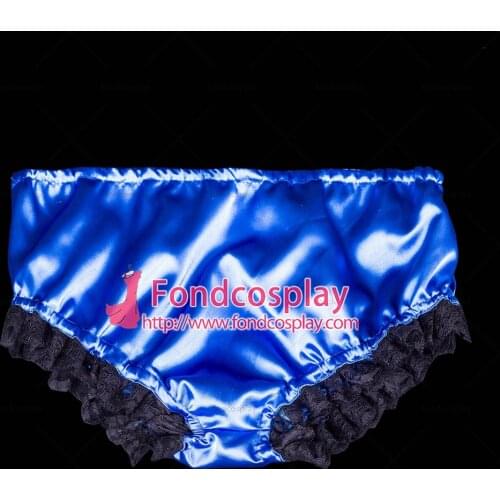 Fondcosplay adult sexy cross dressing sissy maid short blue satin black lace Panties Tailor-made[G2062]