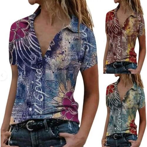 Women Short Sleeve Lapel Deep V-neck T-Shirt Retro Fashion Personalized Printing Blouse Top Daily All-match Lovely Girls T-shirt