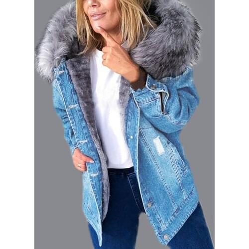 Women Autumn Denim Jacket Winter Thick Warm Faux Fur Hooded Jean Coats Female Vintage Overcoat Outwear