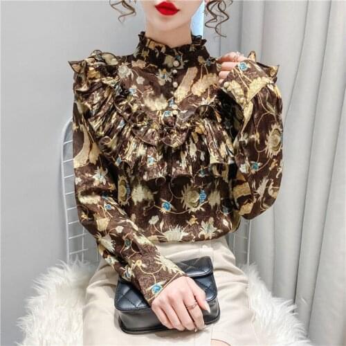 2021 fashion new spring and autumn Korean style floral blouse temperament all-match chiffon bottoming shirt casual