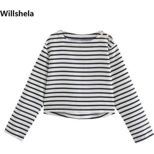 2021 Women Fashion Striped Buttoned Crop Top O-Neck Long Sleeve Vintage Female Shirts Chic Tops