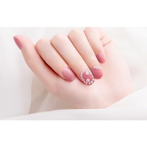24pcs Flower Printed Nail Patch Pearl Inlaid Glue Type Removable Short Paragraph Fashion Manicure False Nail Patch NE