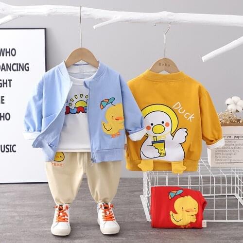 Fashion Baby Boys/girls Clothes Sets Spring Autumn Cute Yellow Duck 3pcs Suits Kids Zipper Jacket+T-shirt+Pants Toddler Clothes