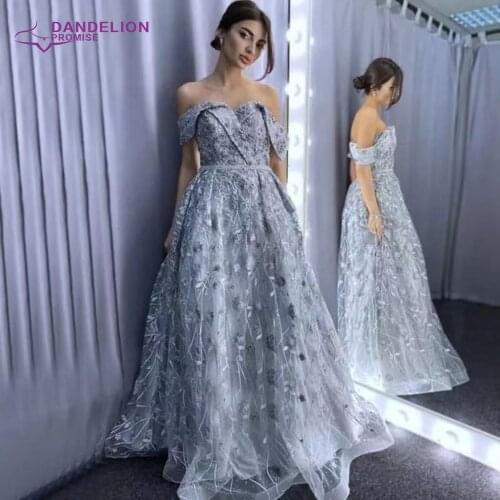 Sparkly Crystal Floral Embroidery Dubai Evening Dress 2021 Elegant Off Shoulder A-line Arabic Formal Party Gowns