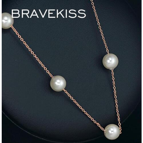 BRAVEKISS Trendy Rose Gold Color Pearl Chains Necklaces for Women String of Beads 8mm Synthetic Pearl Jewelry Necklace BJN0133